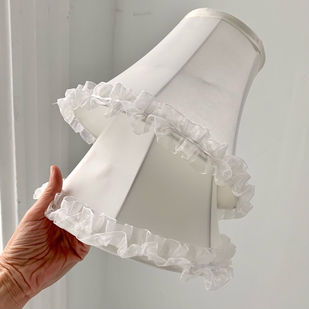 pair of two white lampshades, faux silk, with chiffon ribbon ruffle